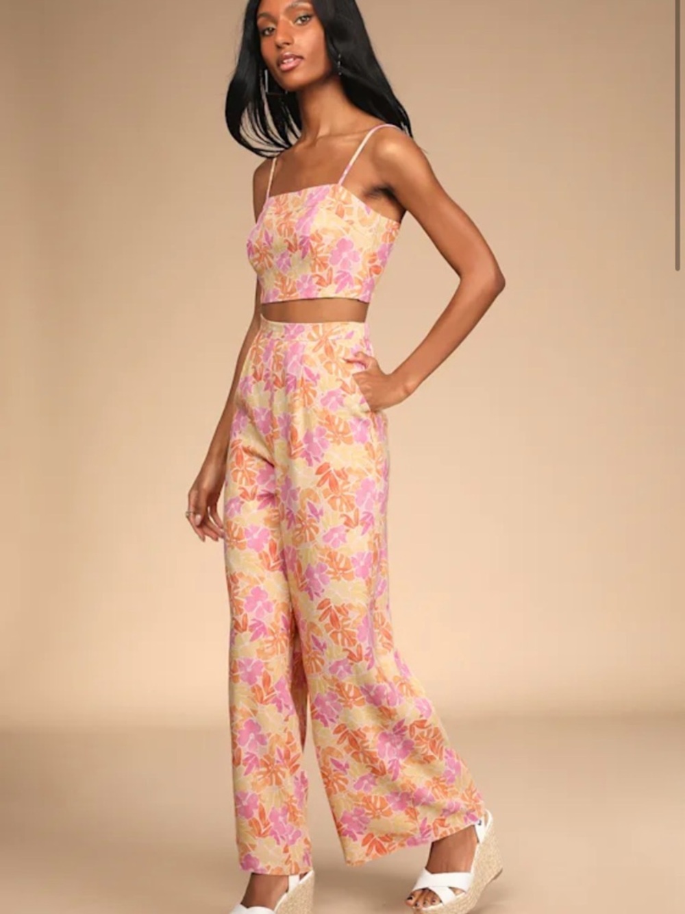 Lulu’s Hibiscus Haze Orange Floral Print Wide-Leg Two-Piece Jumpsuit